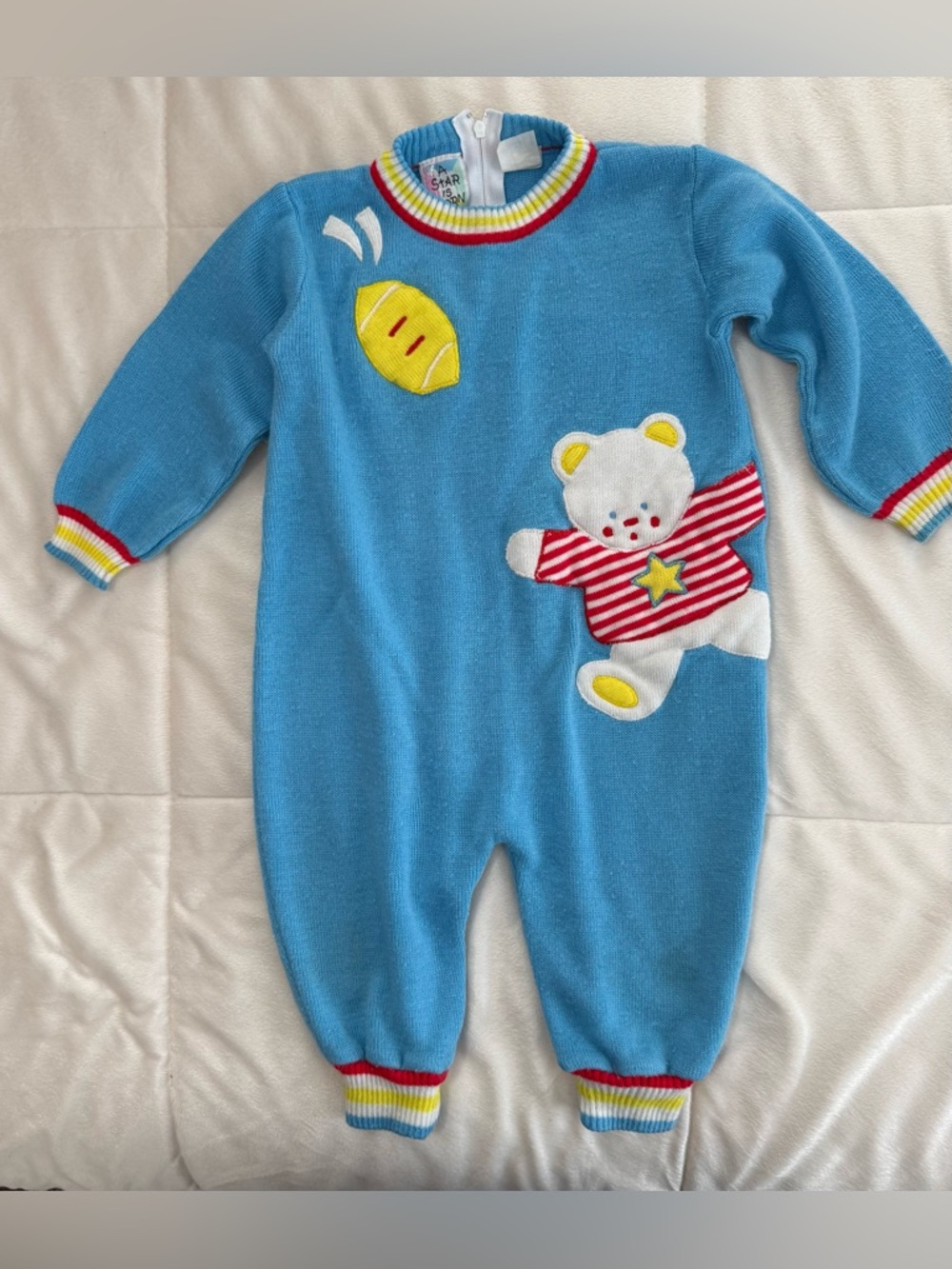 Vintage Baby Knit Romper Teddy Bear Football Blue One Piece 6-12 Month